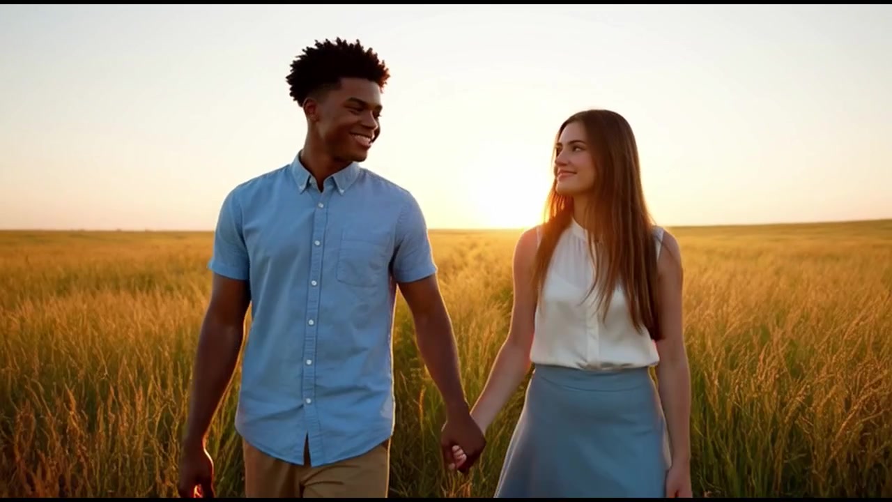 Young Couple Walking Hand in Hand Through a Grassy Field at Sunset