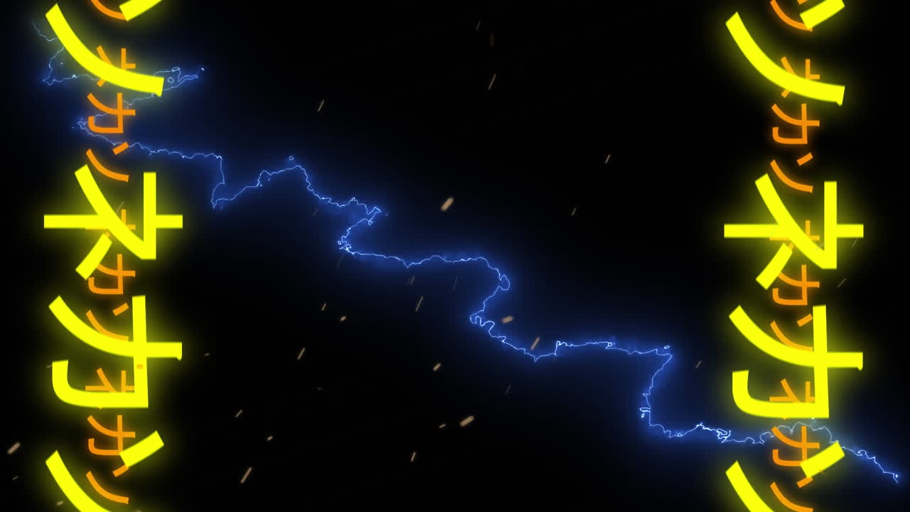 검은 바탕에 노란색 기호와 번개의 애니메이션