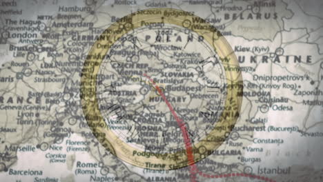 animação de relógio com movimento rápido sobre o mapa da europa mostrando a rota de viagem