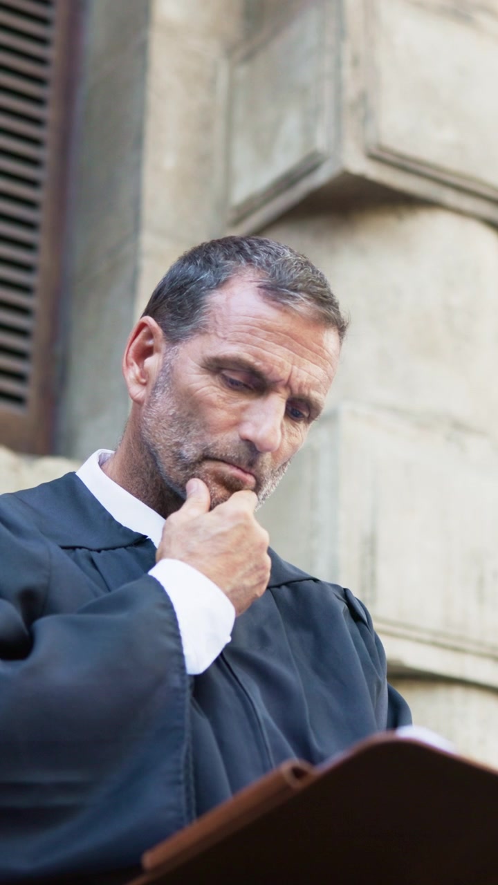 Giudice Maturo che Esamina Documenti Legali Fuori dal Tribunale
