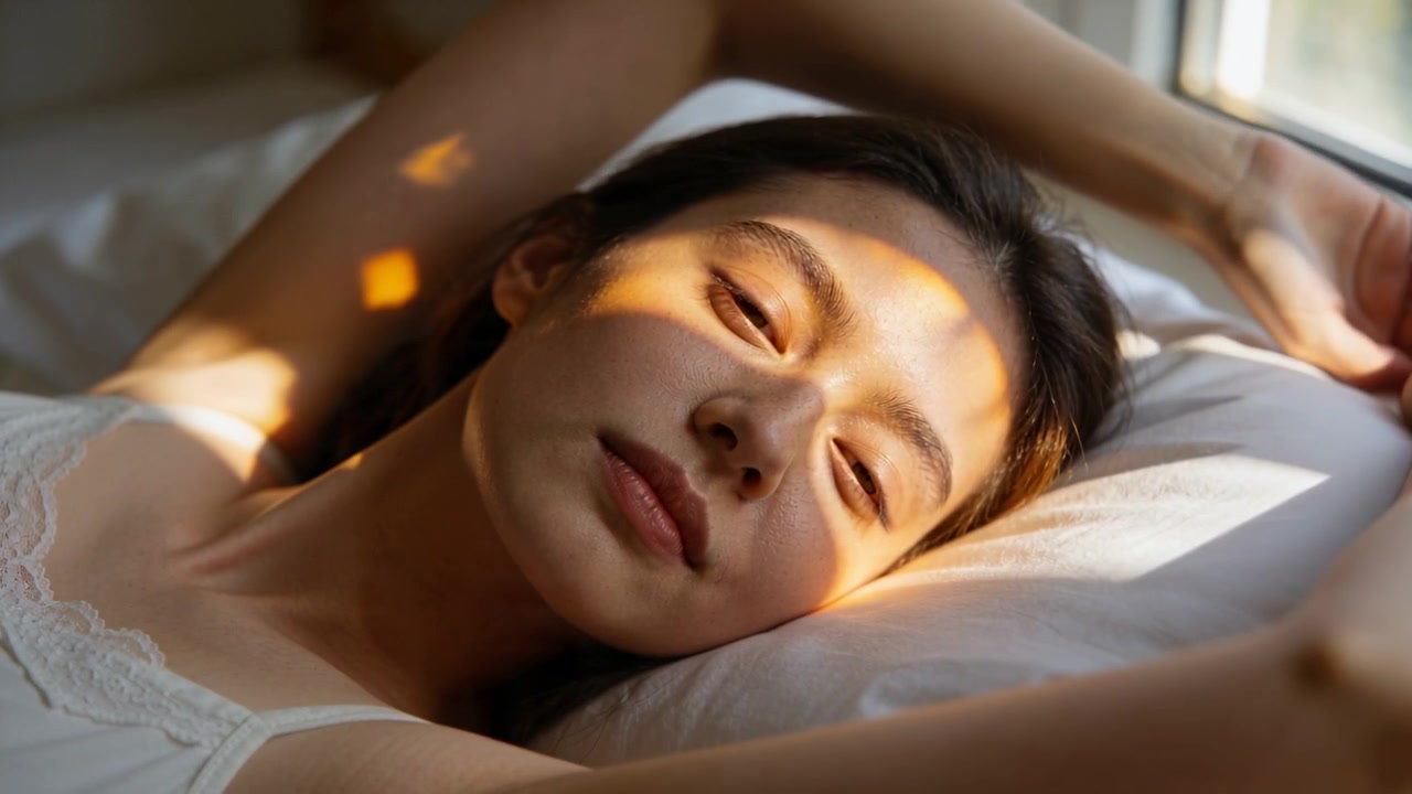白いキャミソールを着た女性が目覚め、窓際の枕の上で腕を伸ばしている。顔には朝日が差し込んでいる。