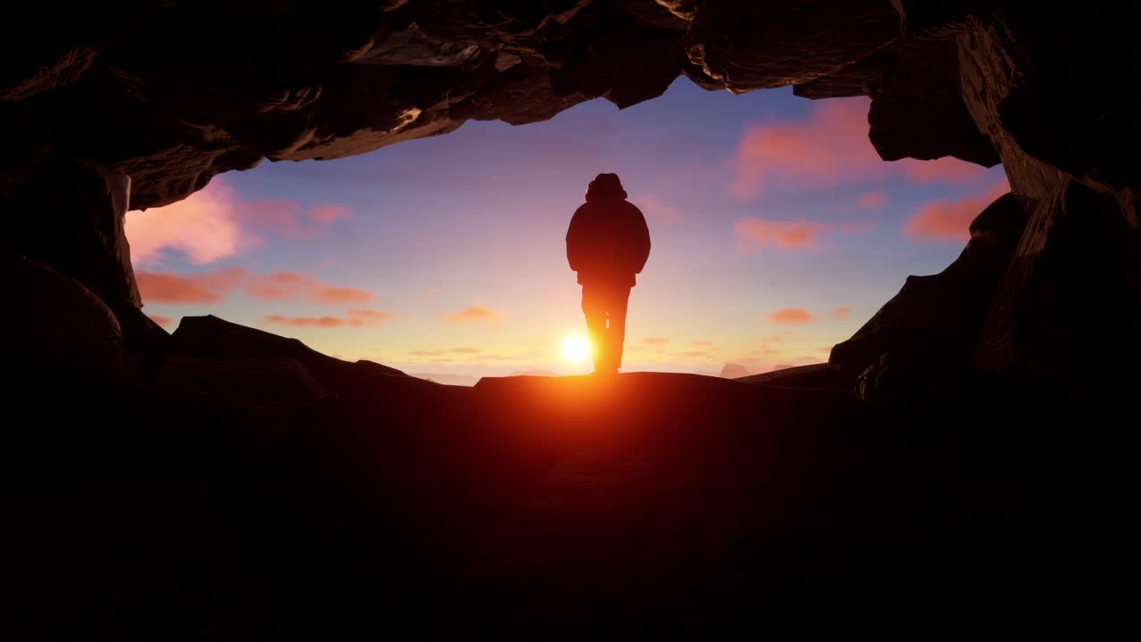 해가 뜨고 해가 지는 동안 동굴 입구에 서 있는 사람