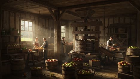 in a rustic setting, workers engage in the traditional process of apple pressing, surrounded by abundant harvest and natural sunlight illuminating the vintage atmosphere