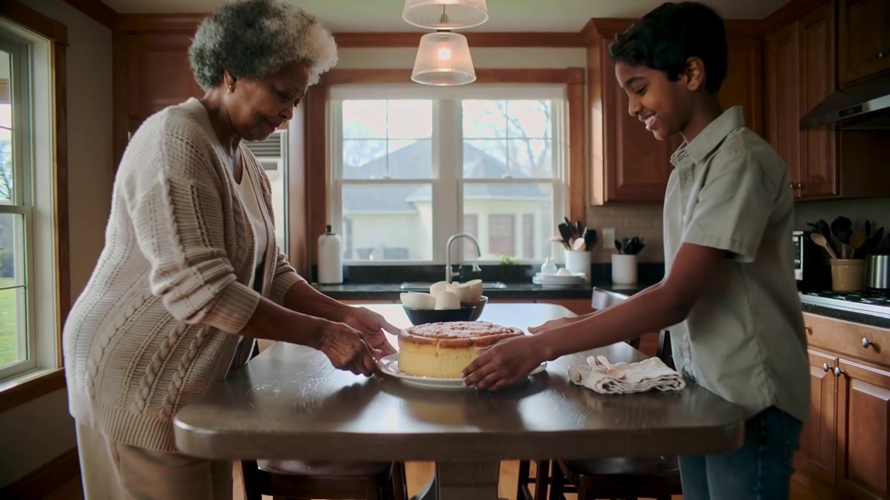La nonna con il cardigan beige e il ragazzo con la camicia chiara che centrano una torta sull'isola della cucina per servirla