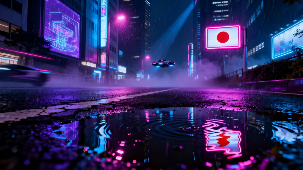Rippling foreground puddle reflecting neon signs, raindrop falling and causing rings on neon street
