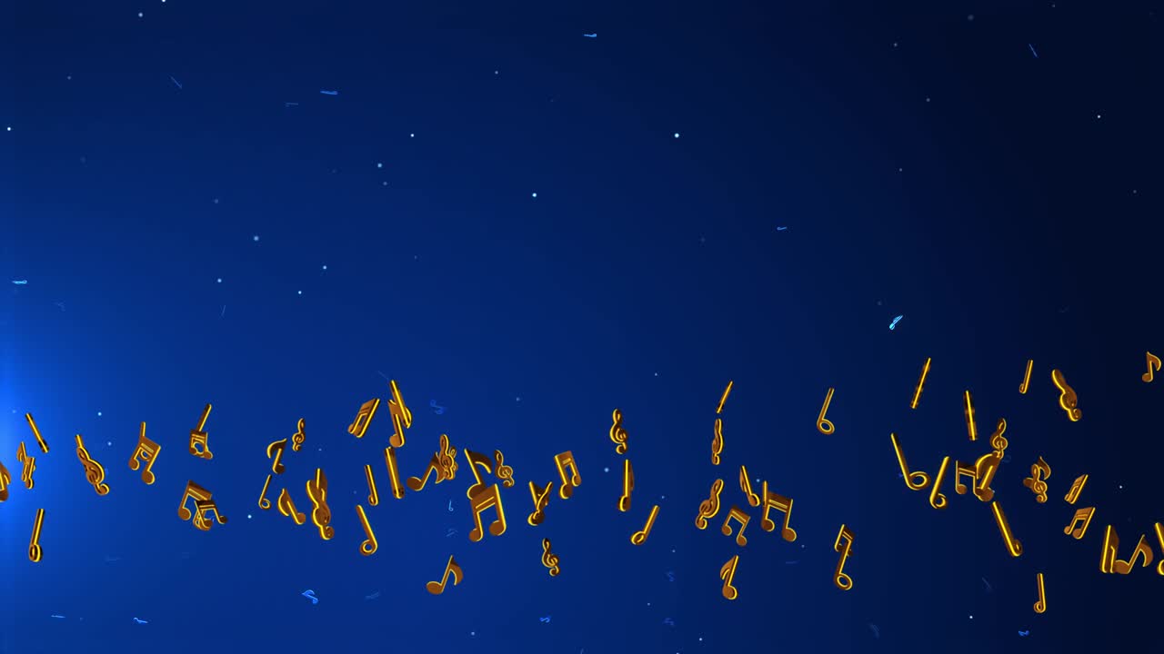 추상적인 음악 음표와 상징이 공중에 떠다니며 파란색 음악 음표가 흐르는 모션 루프 배경입니다.