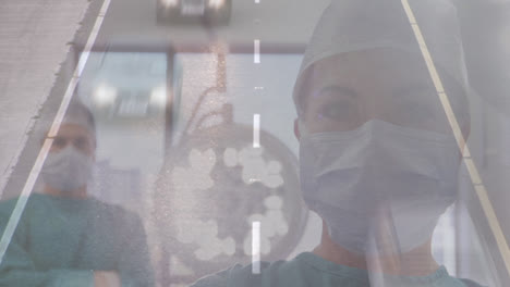animation of road traffic over caucasian female surgeon in face mask