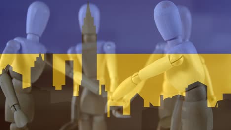 animation of mannequins over city and flag of ukraine