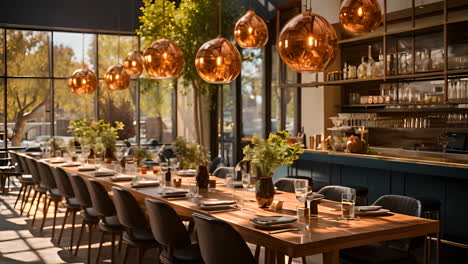 elegant dining setup with copper pendant lights in modern restaurant