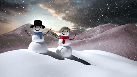 Animation-of-snowman-and-snow-falling-over-snowy-landscape