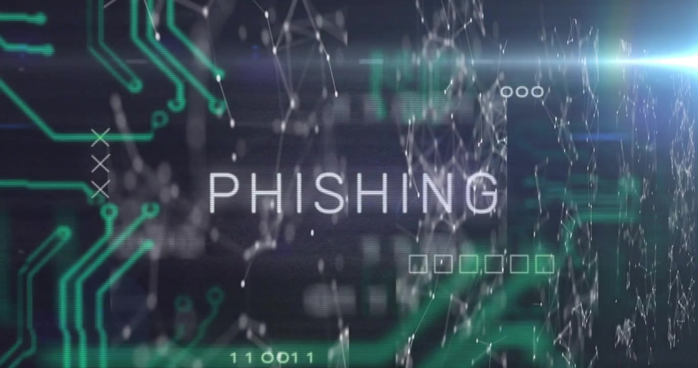 Flashing PHI letters forming PHISHING, animating circuits with streaming binary warning users