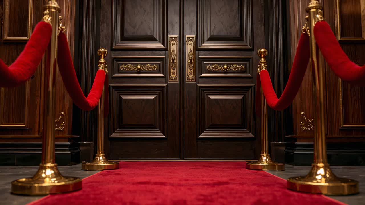 Shifting ornate dark wood double doors slowly opening at foyer, with red carpet and gold stanchions