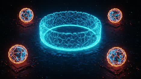 a futuristic energy ring surrounded by electrifying orbs: a stunning visualization of science fiction elements captured in a stunning digital artwork