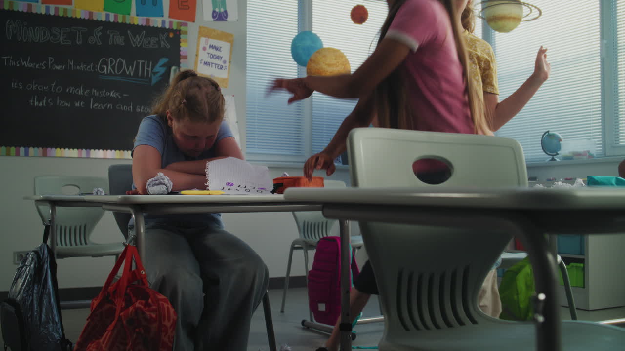 Sad School Girl Crying Suffering From School Bullying Peer Harassment From Classmates