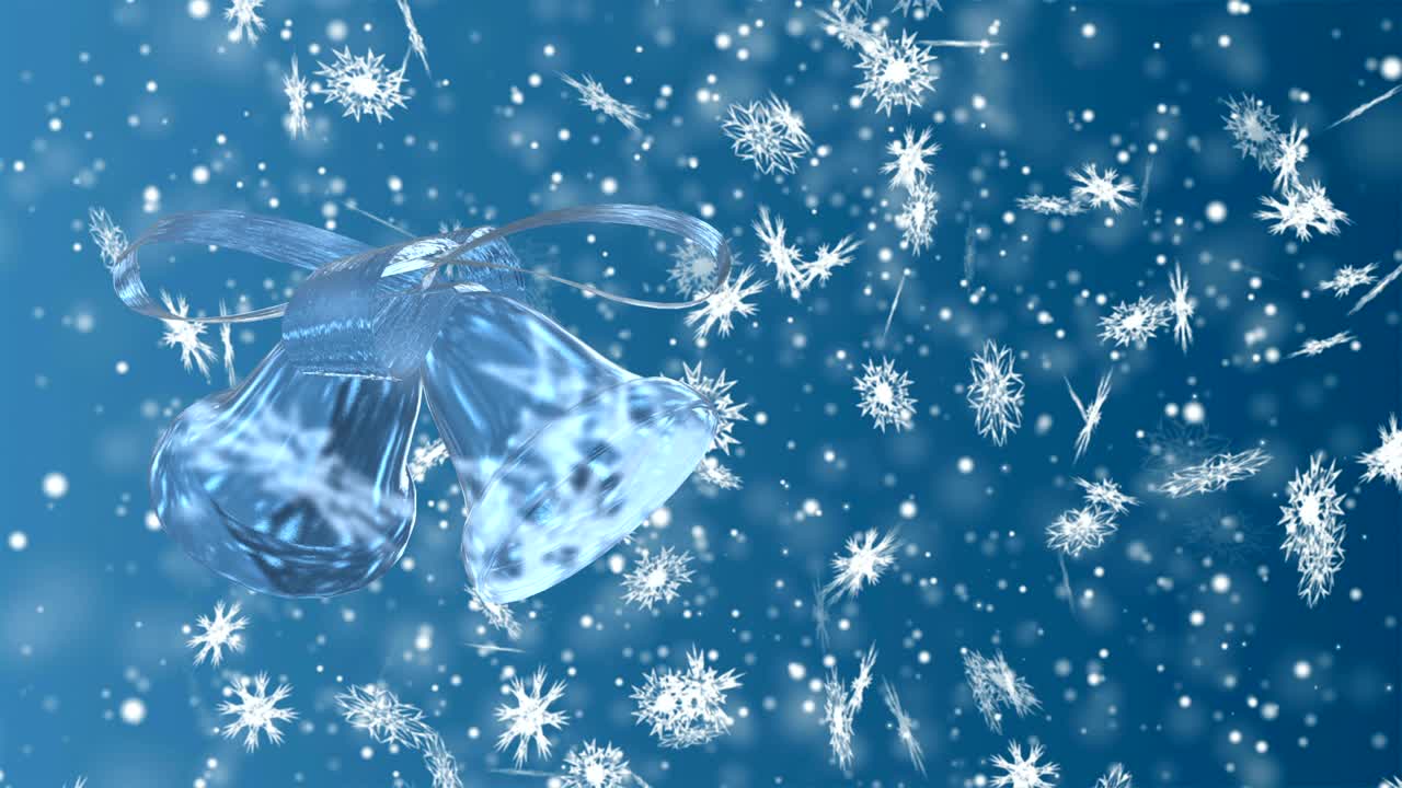 크리스마스 및 새해의 원활한 루핑 애니메이션 크리스마스 스노우플레이크와 파란색 배경의 벨 겨울 원더랜드 마법 스노우 플레이크