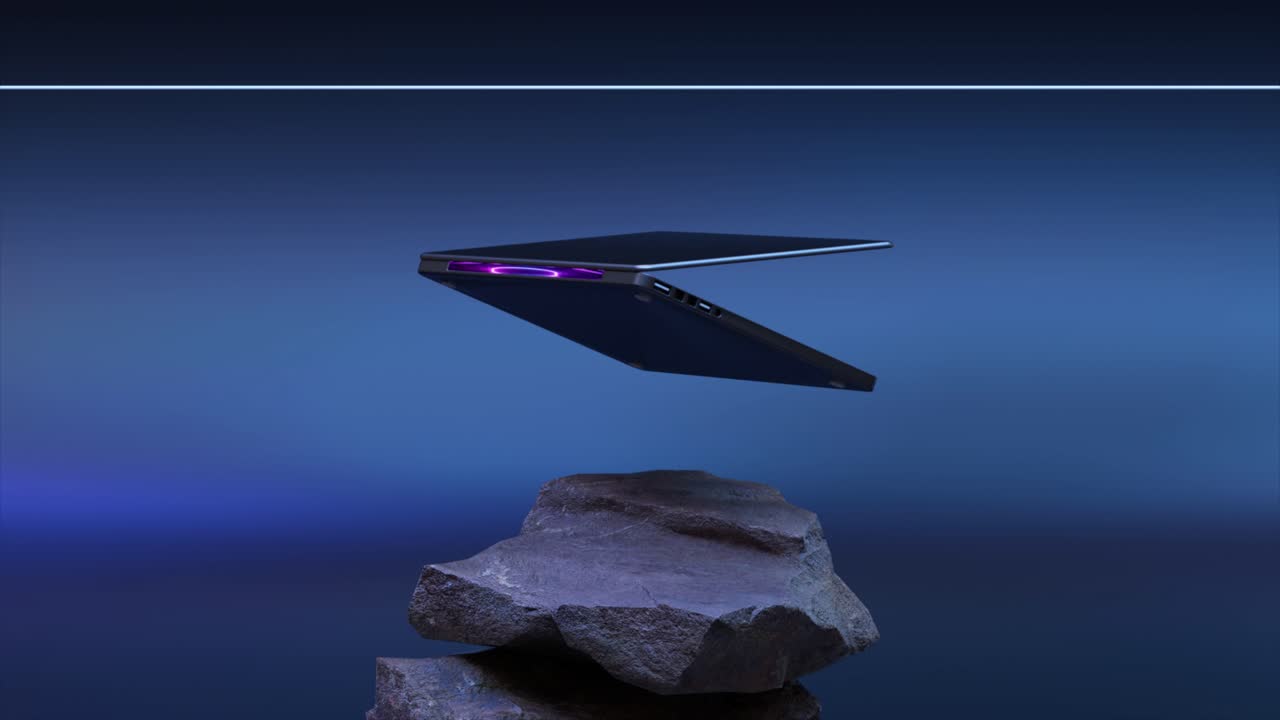 바위 위에 떠다니는 노트북 - 미래의 제품 사진