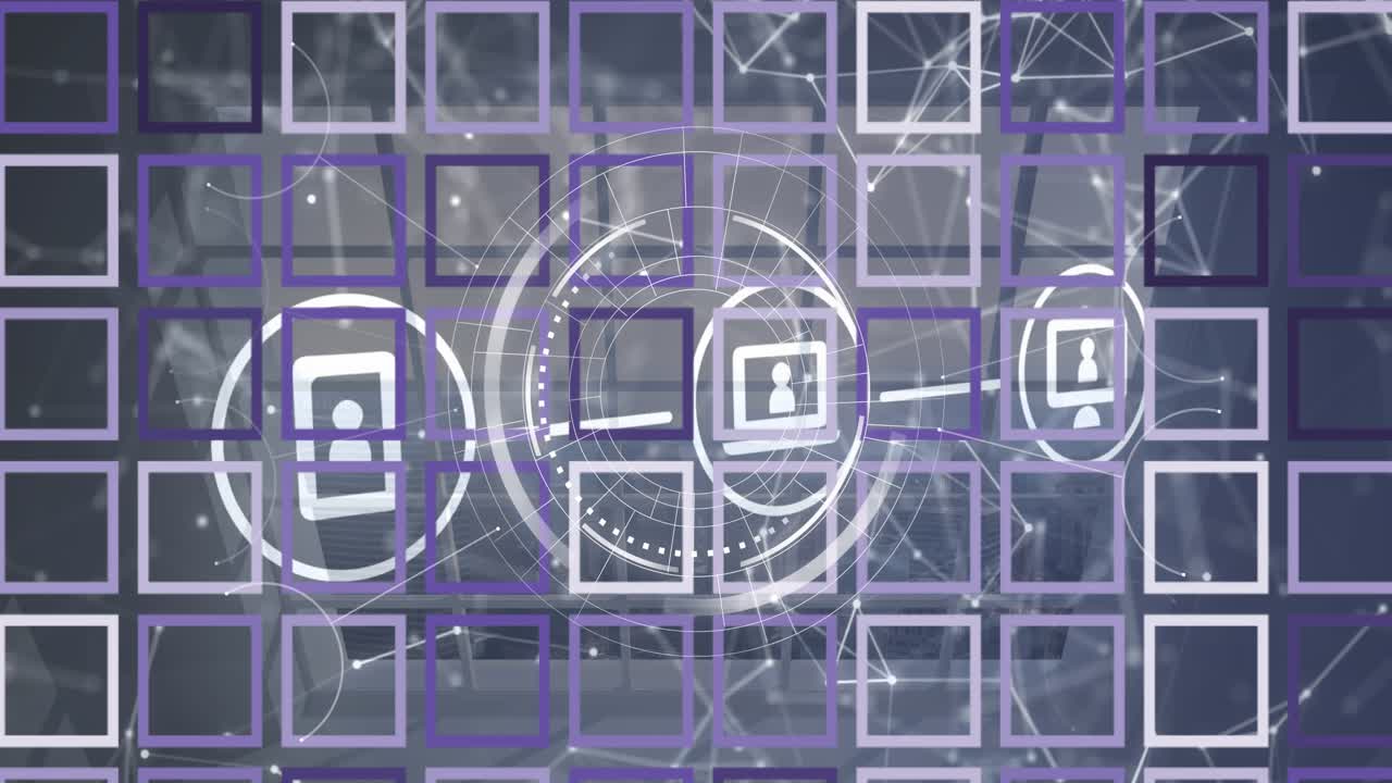 Animation of network of connections with icons and shapes over window