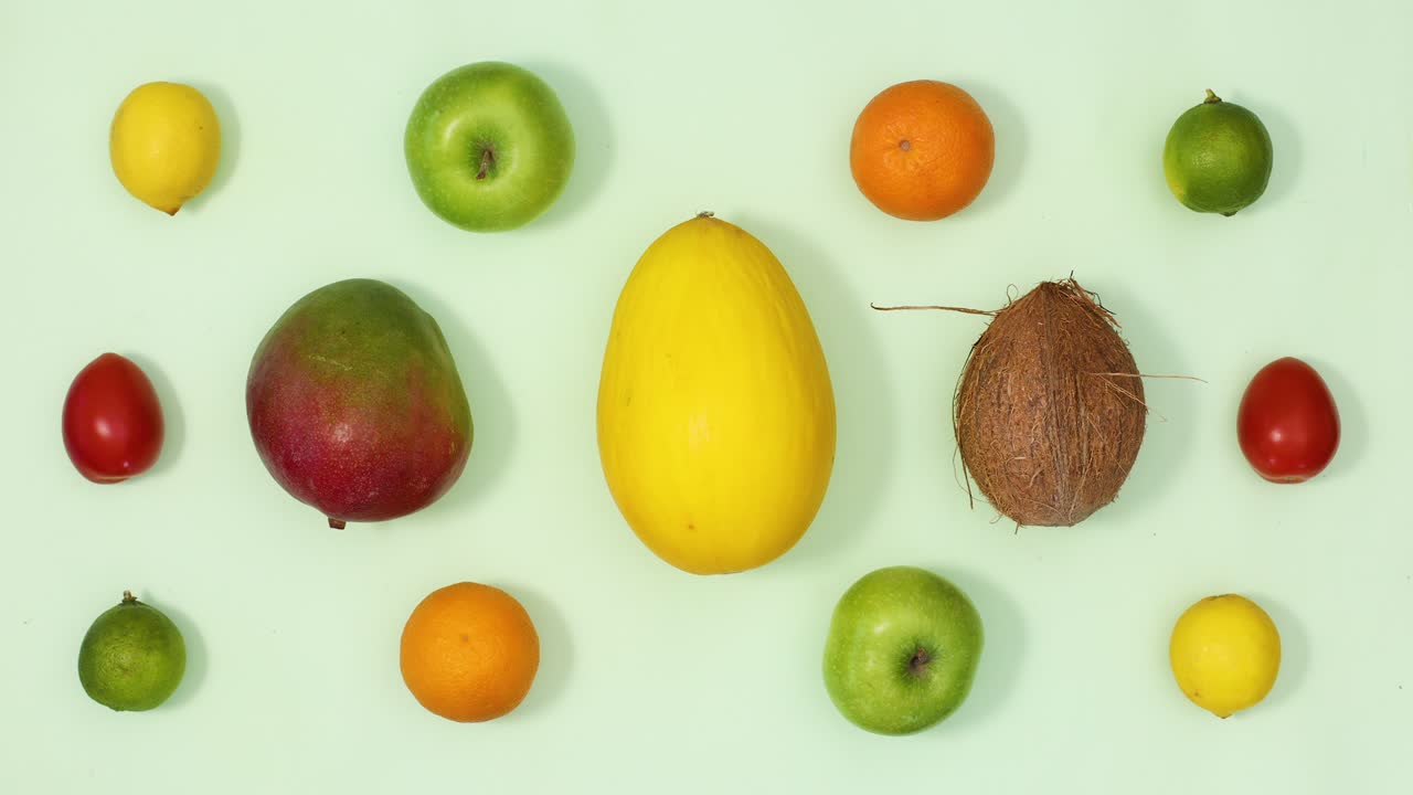 diseño de frutas frescas maduras exóticas de verano girando sobre un fondo verde claro.