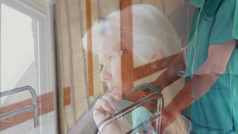 la animación muestra a una mujer anciana y un médico luchando contra la covid-19 en un entorno médico.