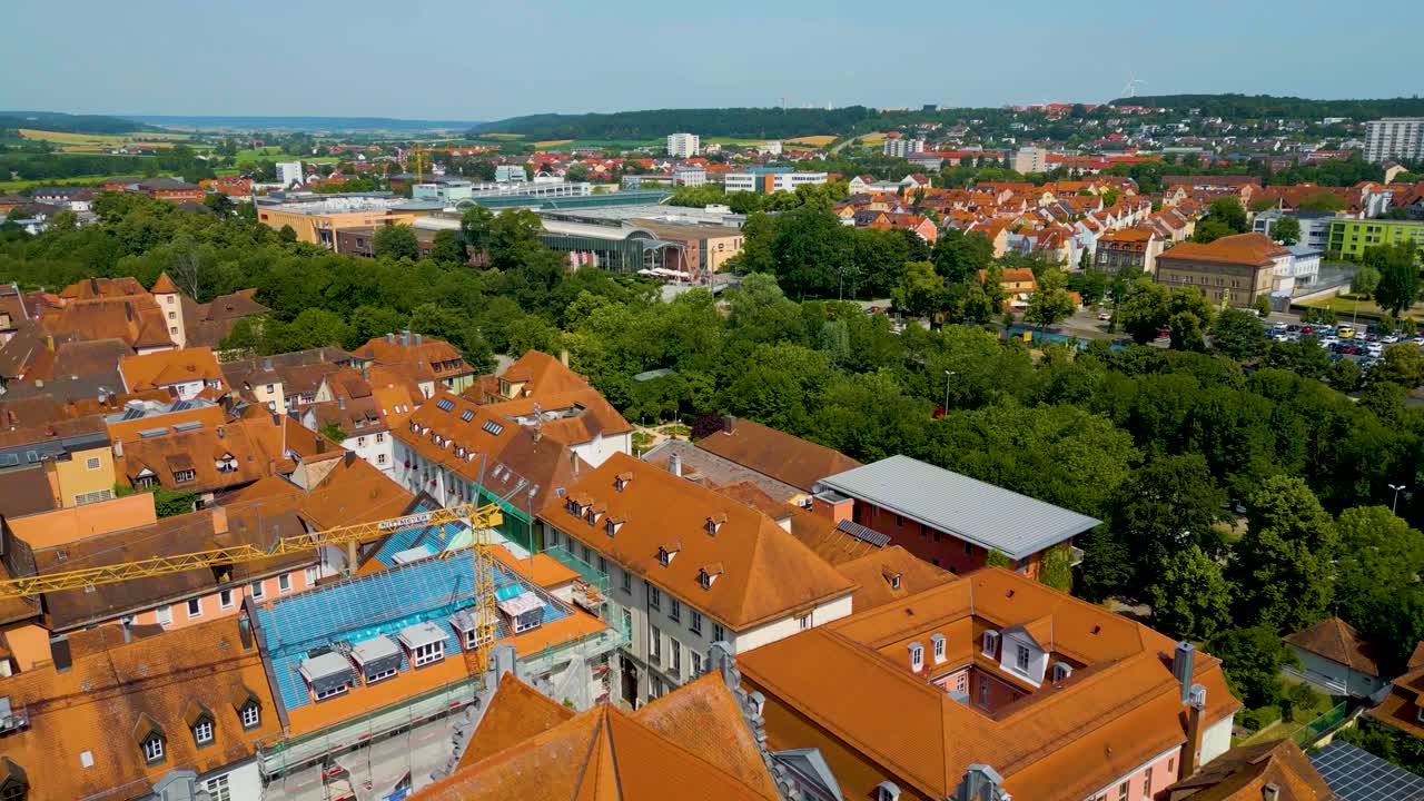 Aerial View of a Charming European Town with Red Roofs and Historic Churches
