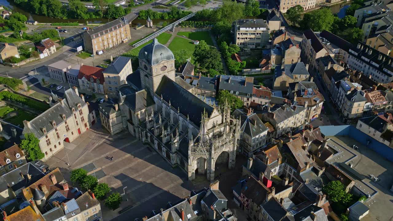 Aerial View of a Historic European Town with a Grand Cathedral