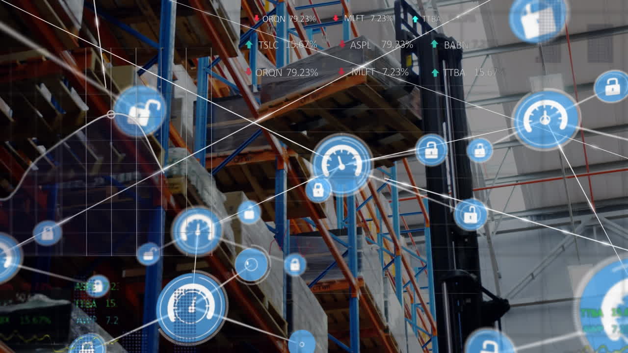 animación de la red de conexiones con iconos sobre el almacén