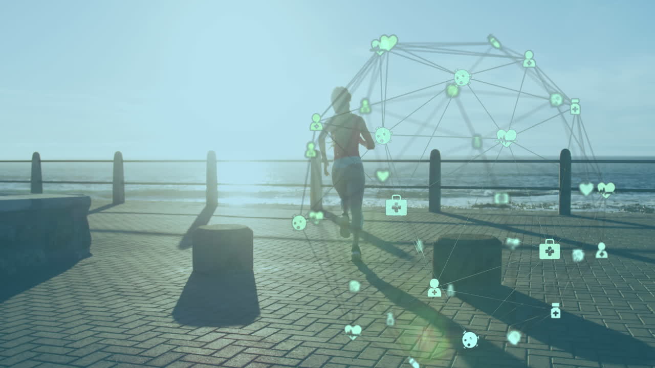 바 ⁇ 가의 산책로에서 조 ⁇ 하는 여성에 대한 연결 네트워크의 애니메이션