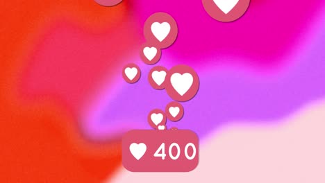 animation of social media heart icons and numbers over glowing background