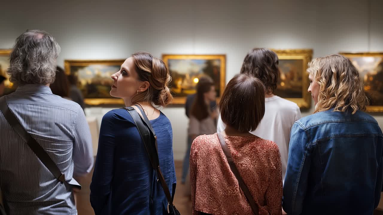 Le persone osservano quadri incorniciati in una galleria silenziosa. Stanno vicine, mostrando interesse e curiosità. Una donna gira la testa per osservare l'opera d'arte. Il gruppo appare calmo e coinvolto