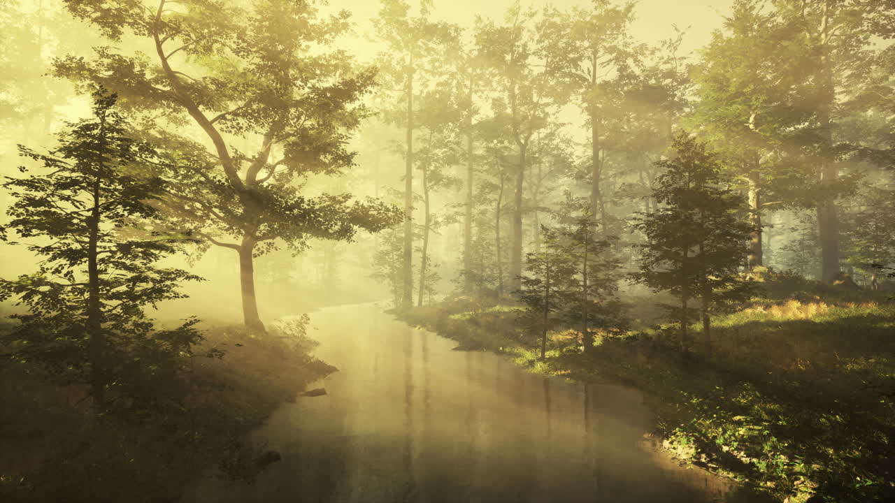 fpv 드론에 의해 나무를 통해 빛 광선을 가진 마법의 숲