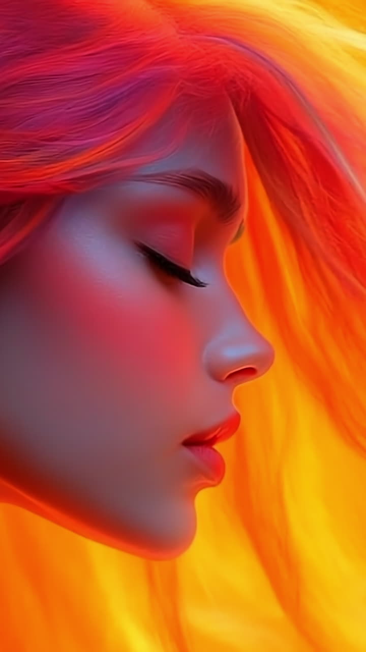 Vibrant-haired girl on orange. A young woman with flowing red hair contrasts beautifully with a bright orange background during a colorful moment.