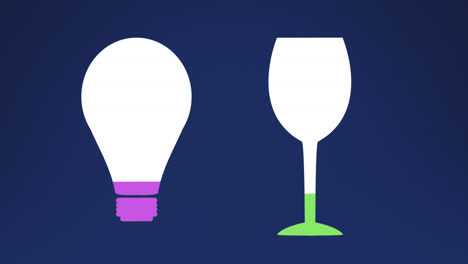 animation of light bulb and stemware glass getting filled with color against blue background