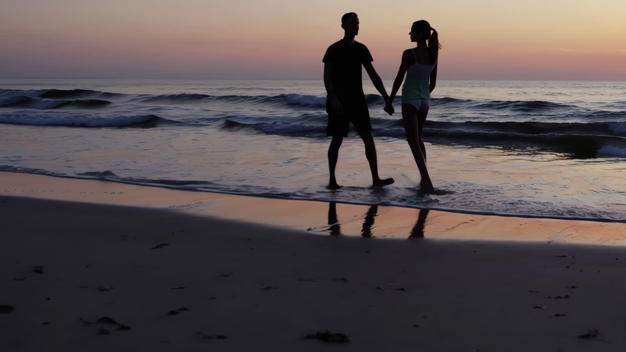 해가 지는 동안 해변을 고 있는 부부