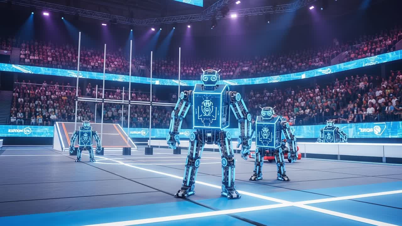 Robots Compete in a Futuristic Sports Arena: A Dynamic Showcase of Advanced Robotics Engaging in an Exciting Game, Captivating Audiences with Athletic Display