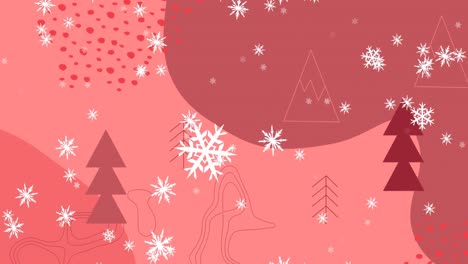 Animation-Von-Weihnachtsbäumen-Und-Schneeflocken,-Die-Auf-Gemusterten-Roten-Hintergrund-Fallen