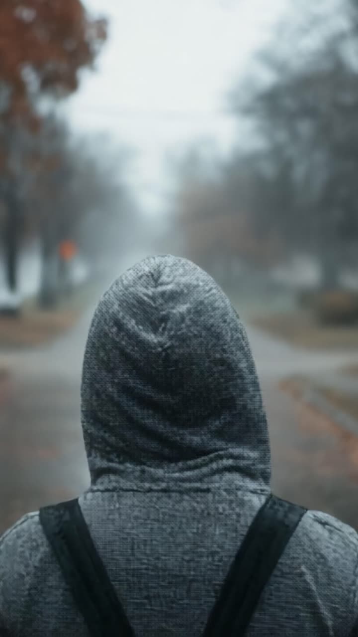 Una figura solitaria se alza bajo la lluvia, contemplando un camino neblinoso que se extiende ante ella, personificando una sensación de reflexión y contemplación en medio de la atmósfera misteriosa.
