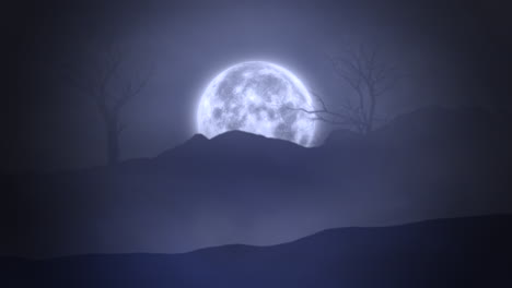 Mystical-night-full-moon-glow-illuminates-silhouette-of-trees-and-hill