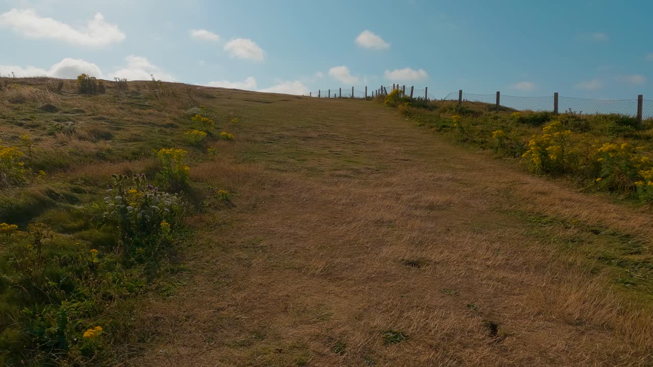 un disparo capturando un paseo cuesta arriba a lo largo del acantilado y a través del pasto en un brillante día de verano