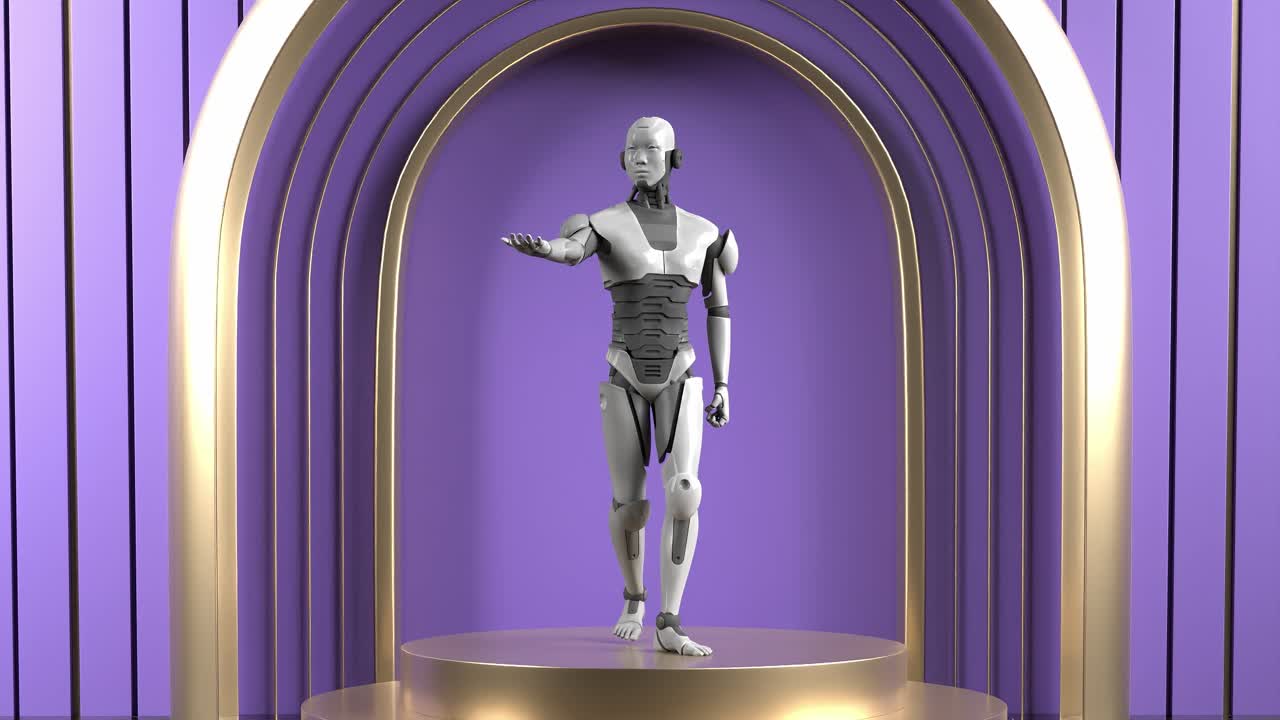 animación de renderización 3d del prototipo de robot humanoide de pie en la exhibición del producto concepto de sociedad futurista en el escenario púrpura