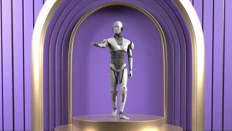 3d rendering animation of prototype robot humanoid standing on product display futuristic society concept on purple stage