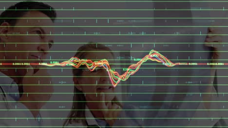 Animation-of-financial-graphs-over-thoughtful-caucasian-male-and-female-doctor