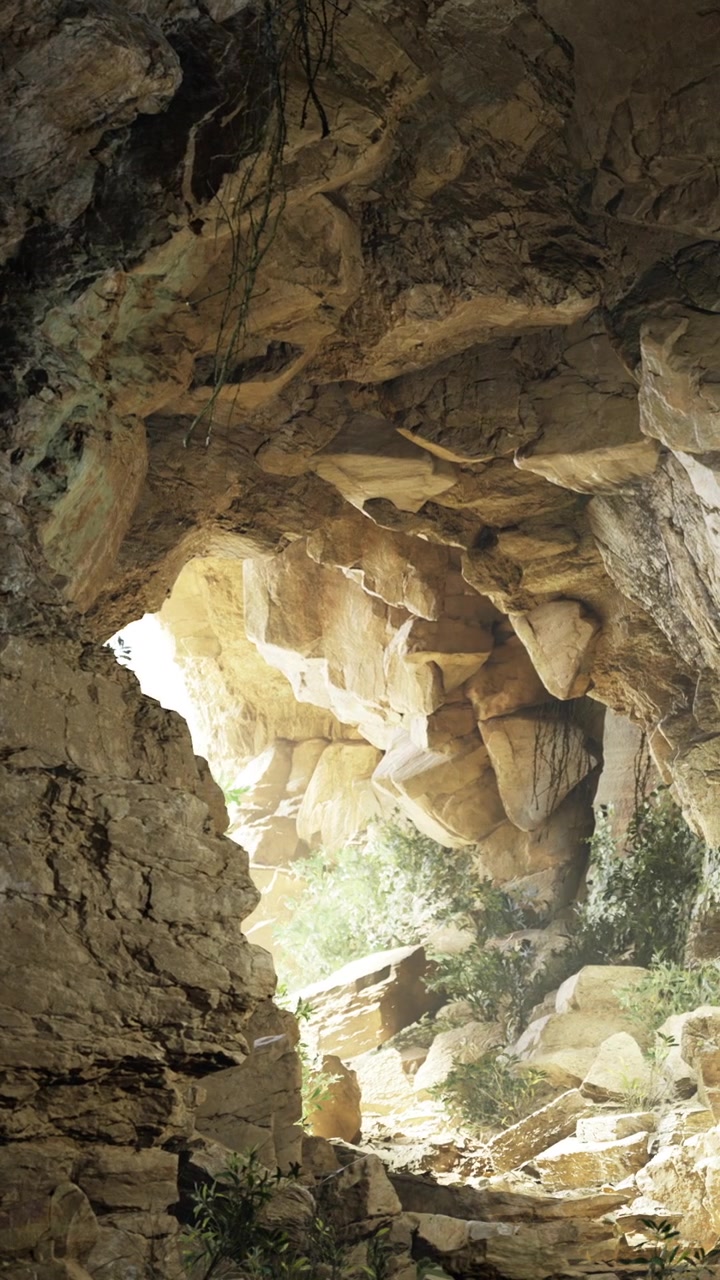 Camminando attraverso una grotta rocciosa con la luce che filtra dall'ingresso