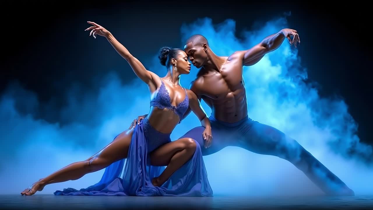 A man and a woman in a blue dress dancing in the smoke