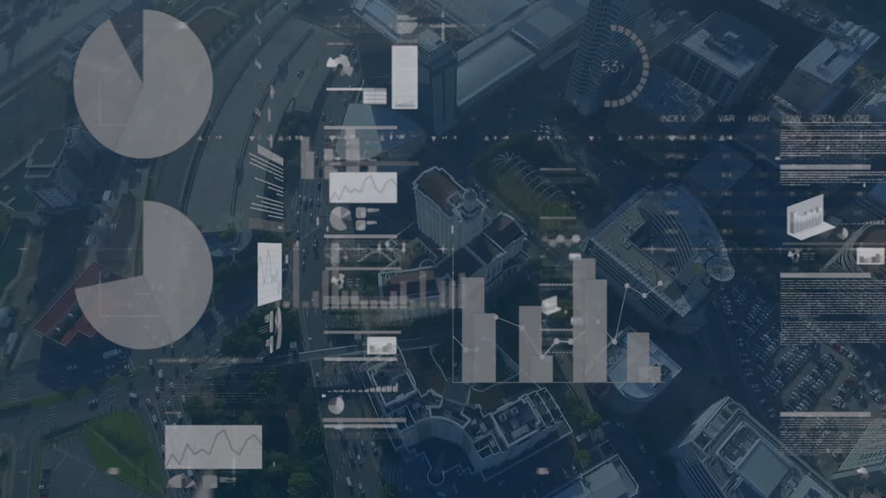 animación del procesamiento de datos financieros sobre el paisaje urbano