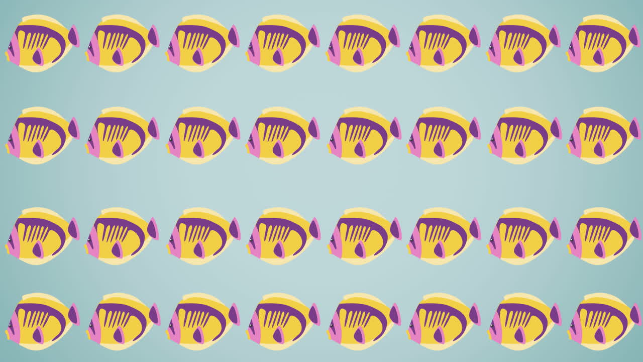 파란색 배경에 복사 공간과 함께 열대 물고기의 줄의 애니메이션