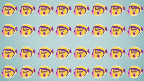 animation of rows of tropical fish with copy space on blue background