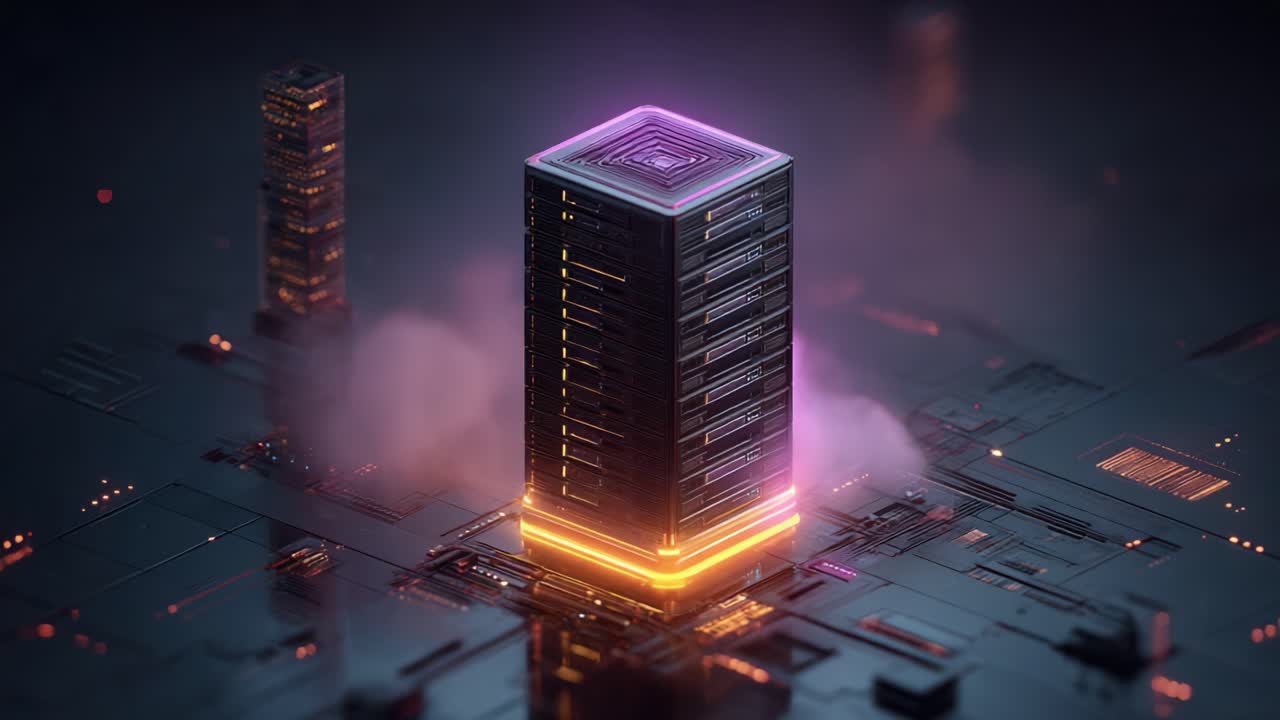 Futuristic Data Center Surrounded by Neon Elements: A Stunning Look at a High-Tech Structure within a Digital Landscape