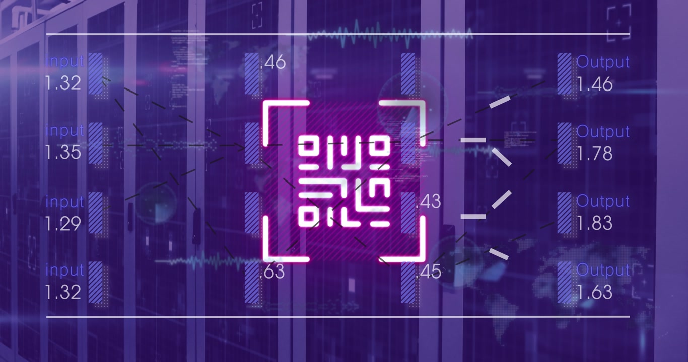 Animation of qr code and data processing over server room