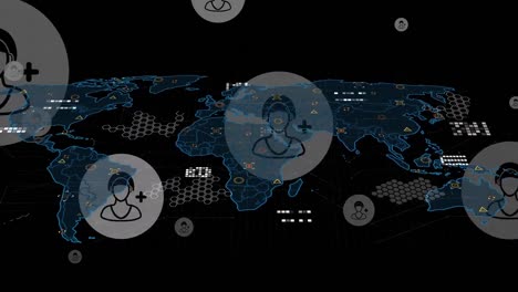 Animation-of-data-processing-with-world-map-over-black-background