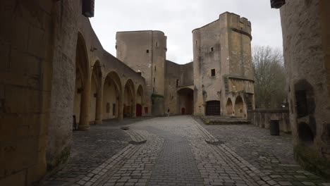 The-bailey-of-the-German's-Gate-castle-in-Metz,-France-on-a-cloudy-day